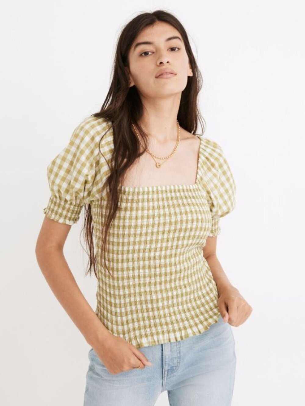 Madewell Lucie Puff-Sleeve Smocked Bodice Top in Gingham Check, Size XXS